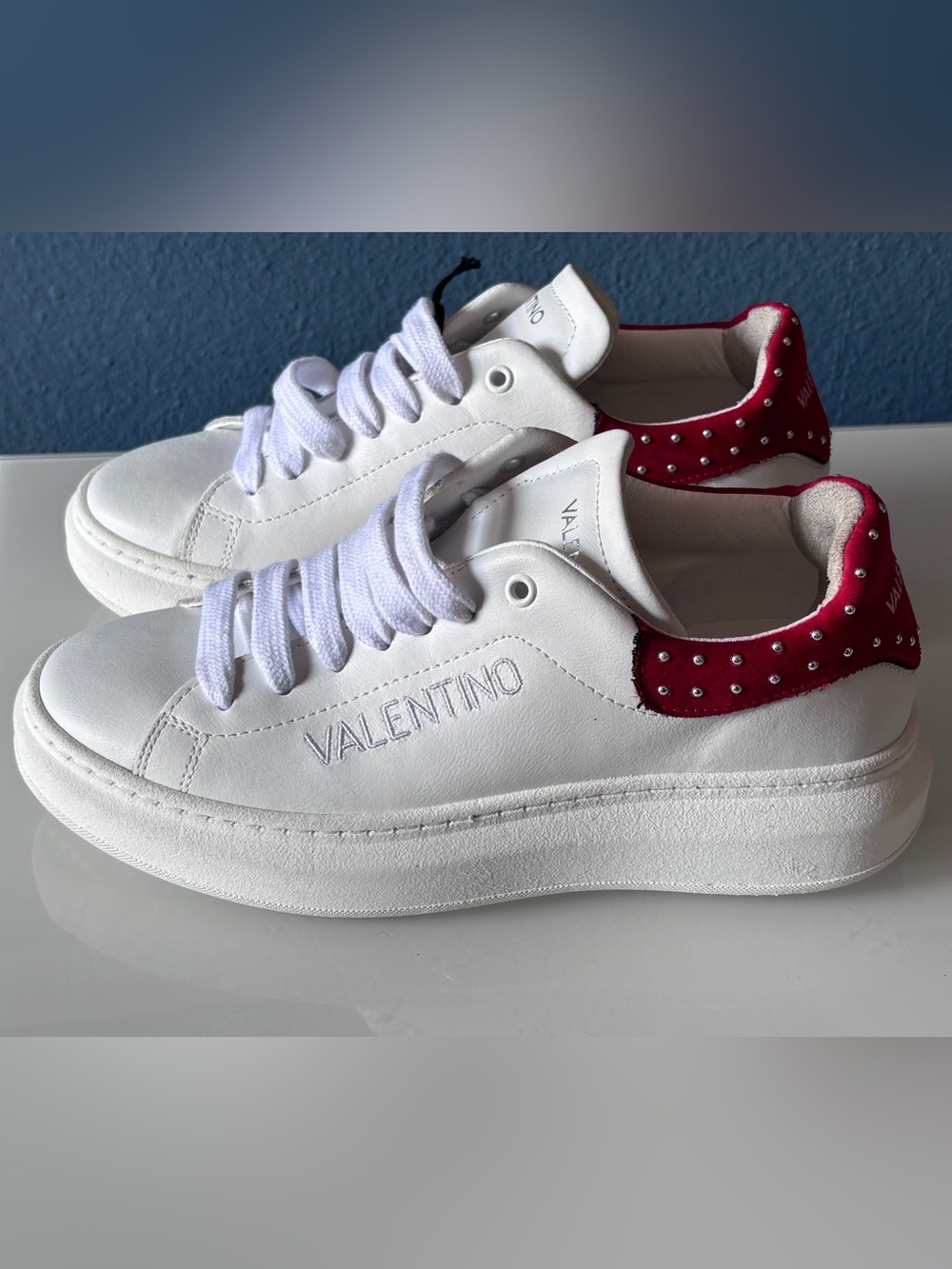 Valentino by Mario Valentino Sela White Red Studded Platform Sneakers Sz 8 NWT